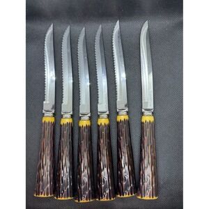 Vintage Forgecraft USA Steak Knives Set of 6 Faux Stag Drip Handle Stainless